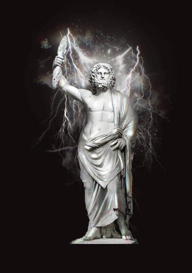 A photo manipulation featuring a marble statue of the greek god Zeus