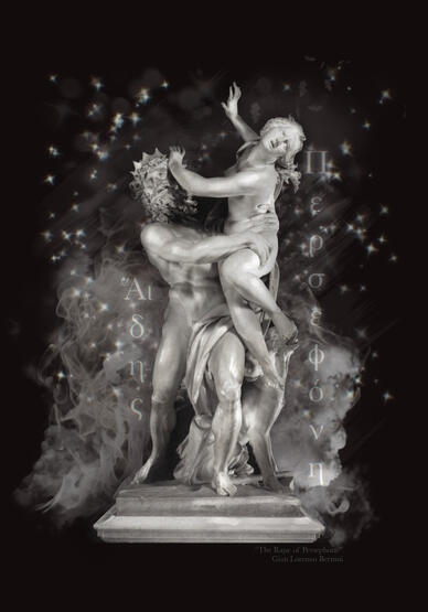 A photo manipulation featuring a marble statue of the greek god Hades and his wife Persephone.